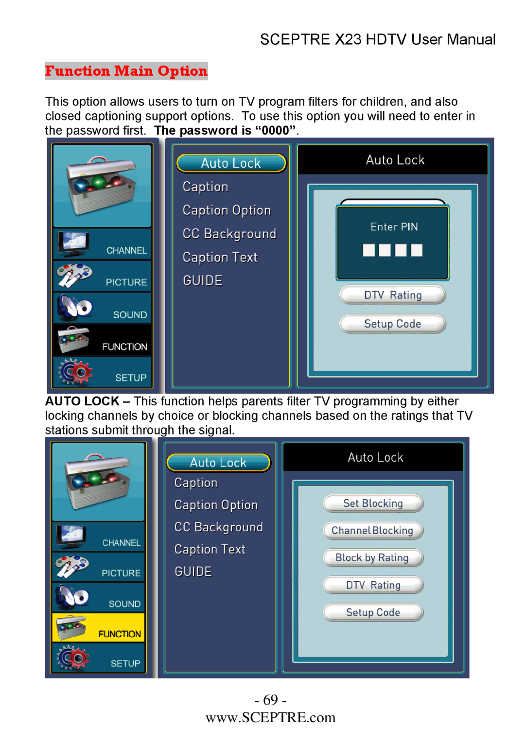 Sceptre Technologies X23 user manual Function Main Option 