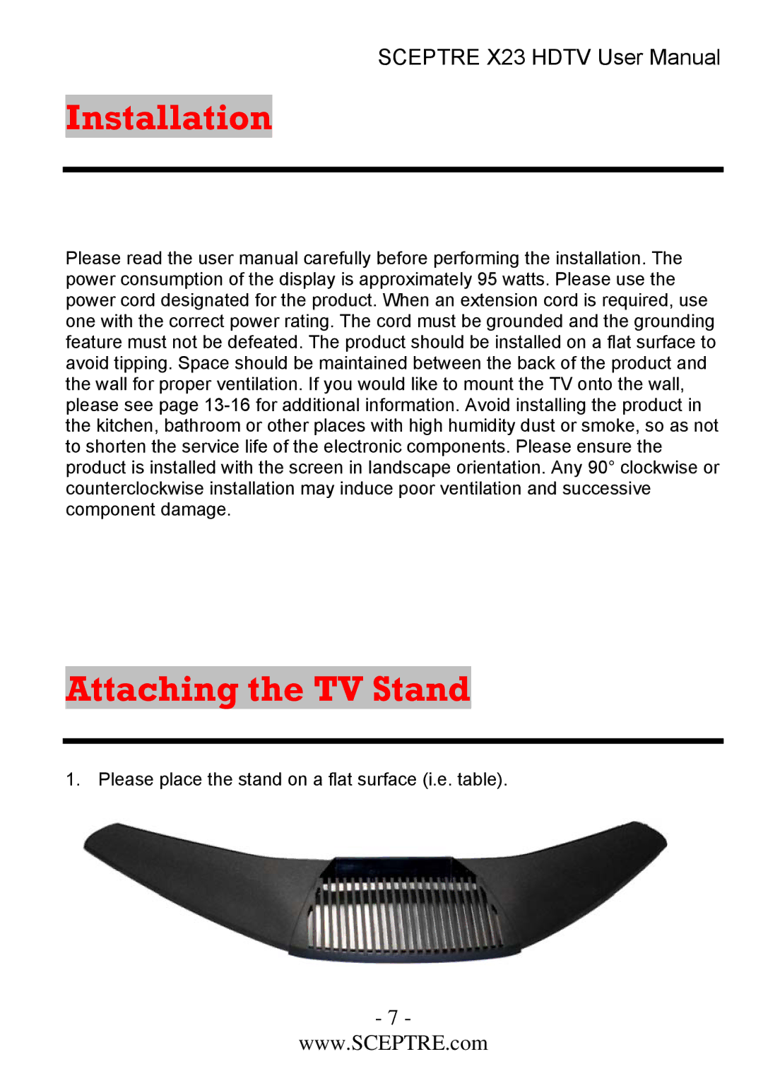 Sceptre Technologies X23 user manual Installation Attaching the TV Stand 