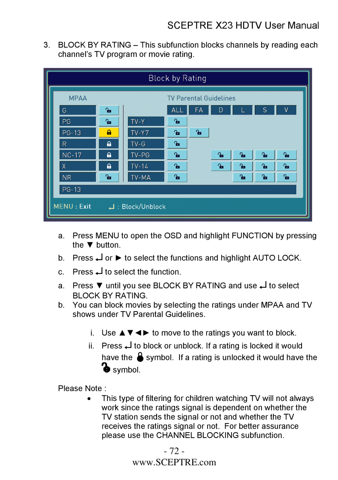 Sceptre Technologies X23 user manual Block by Rating 