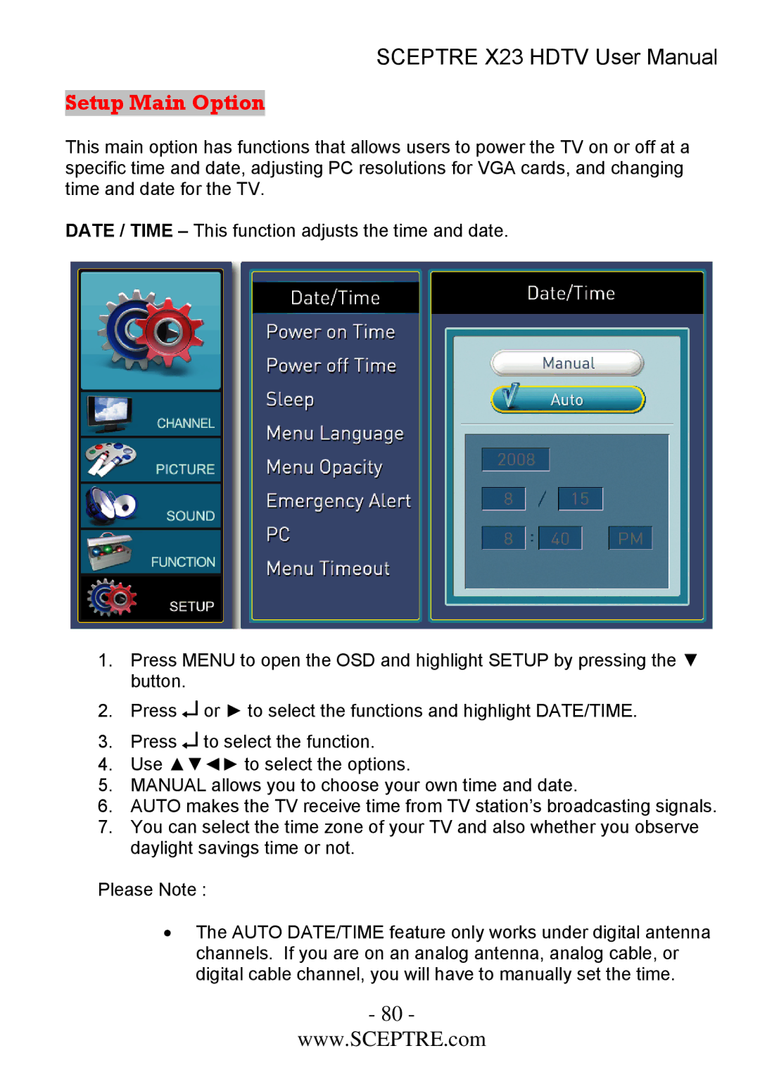 Sceptre Technologies X23 user manual Setup Main Option 