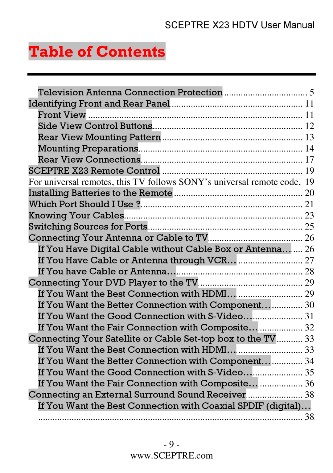 Sceptre Technologies X23 user manual Table of Contents 