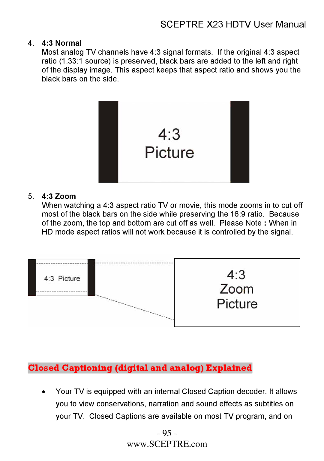 Sceptre Technologies X23 user manual Closed Captioning digital and analog Explained, Zoom 