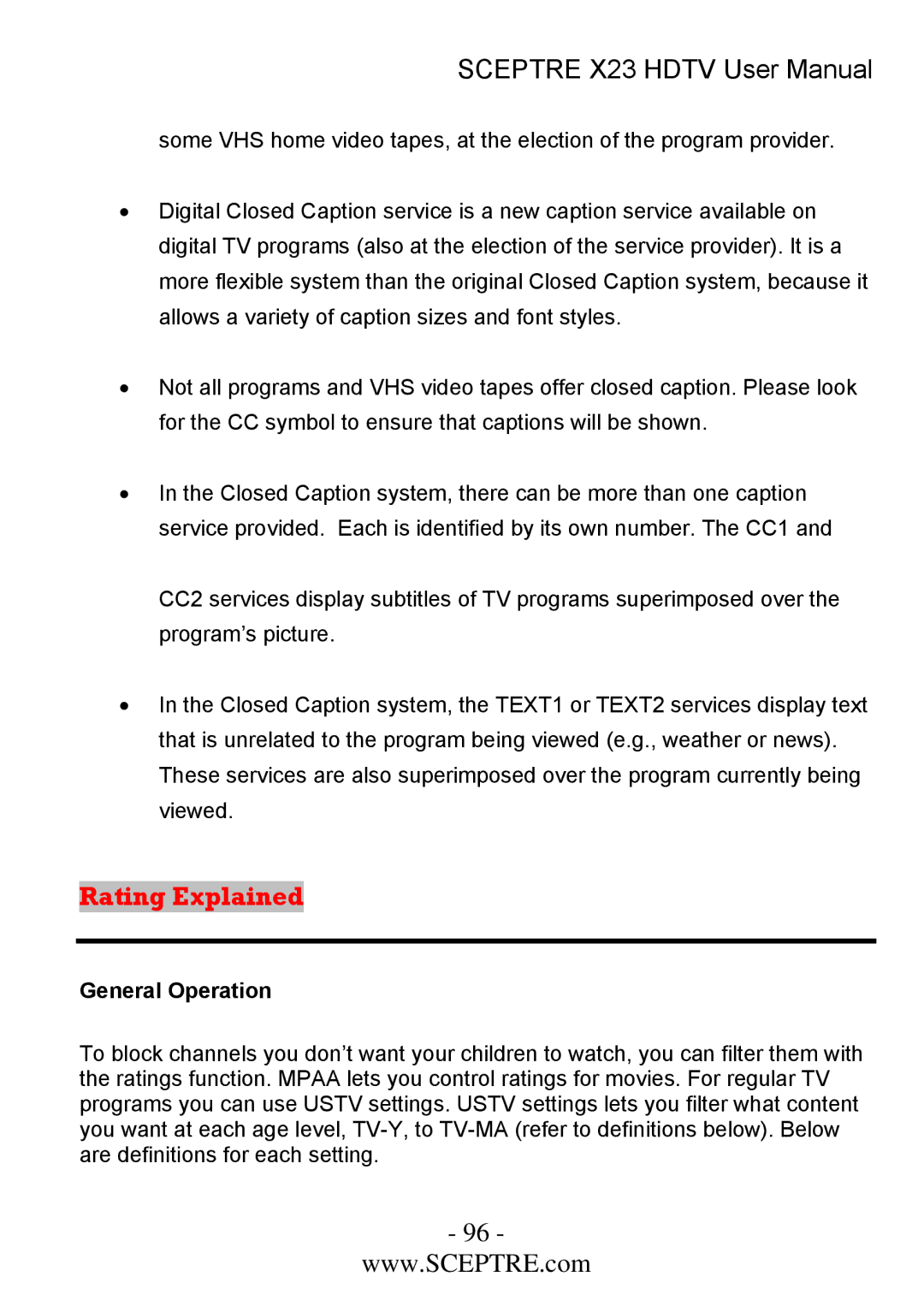 Sceptre Technologies X23 user manual Rating Explained, General Operation 