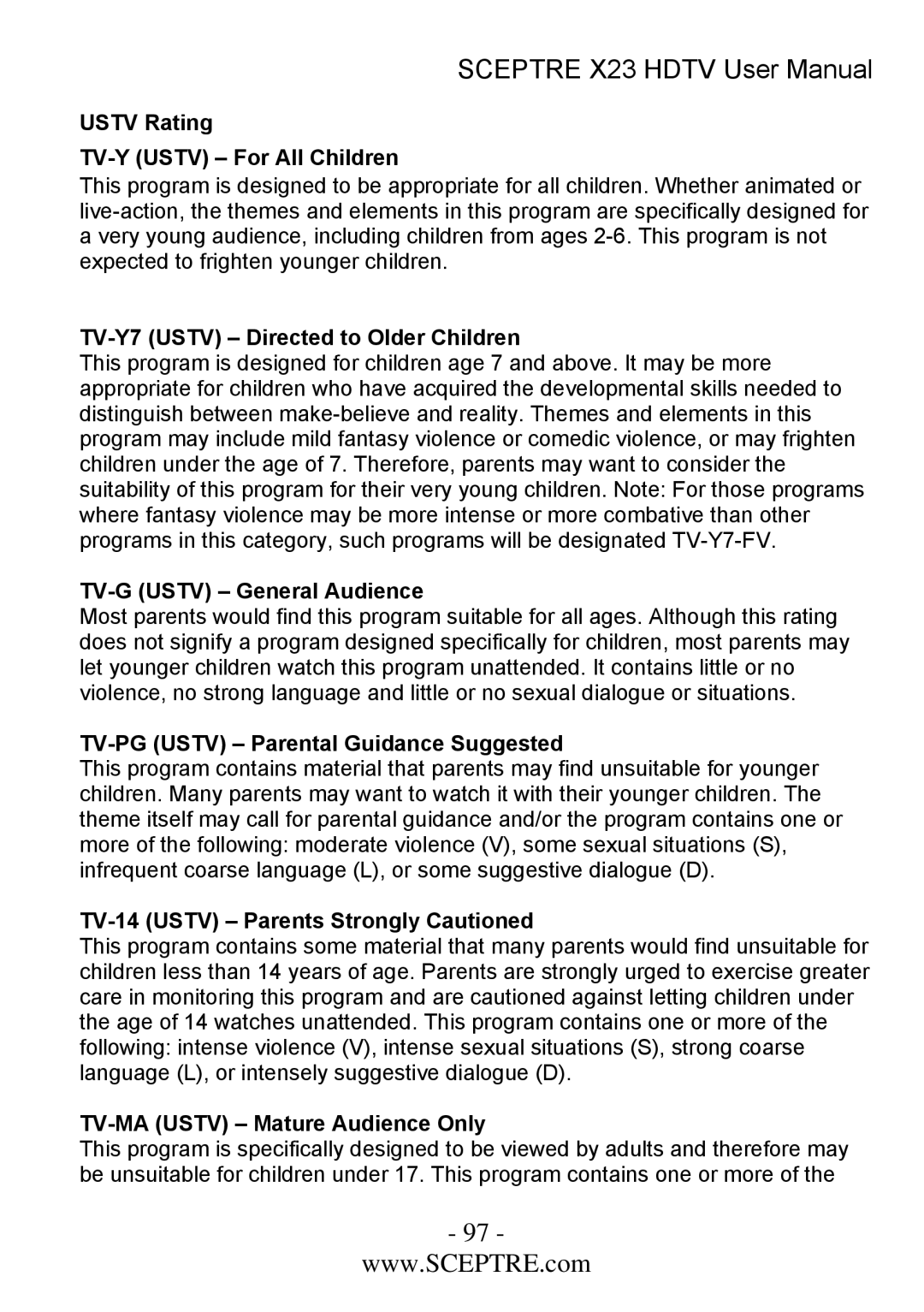 Sceptre Technologies X23 user manual Ustv Rating TV-Y Ustv For All Children, TV-Y7 Ustv Directed to Older Children 