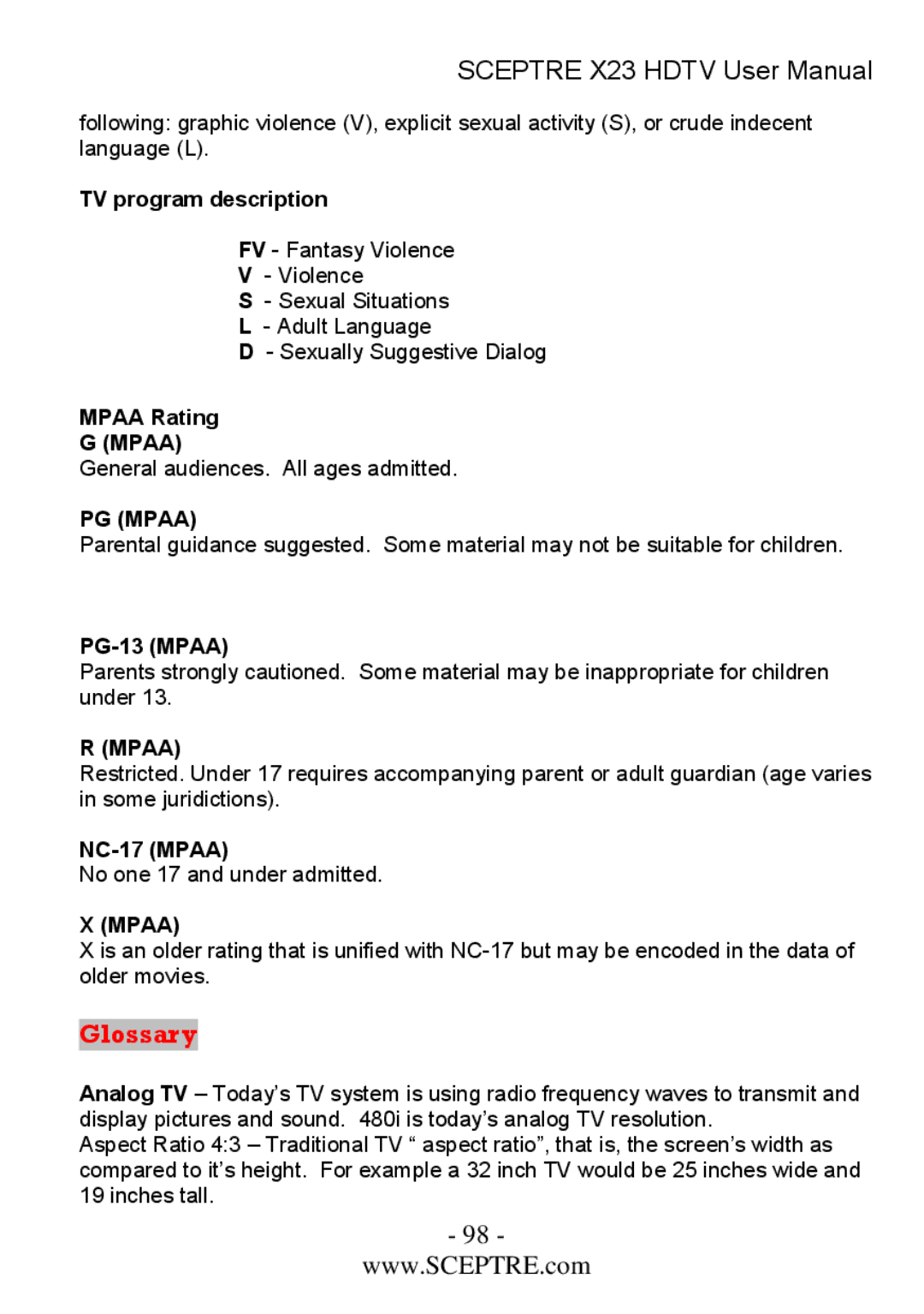 Sceptre Technologies X23 user manual Glossary, TV program description, Mpaa Rating, PG-13 Mpaa, NC-17 Mpaa 