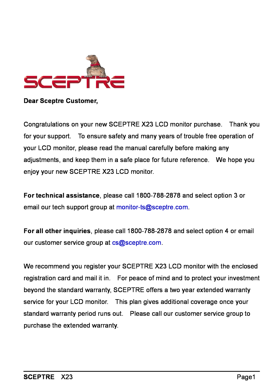Sceptre Technologies X23 warranty Dear Sceptre Customer, Page1 