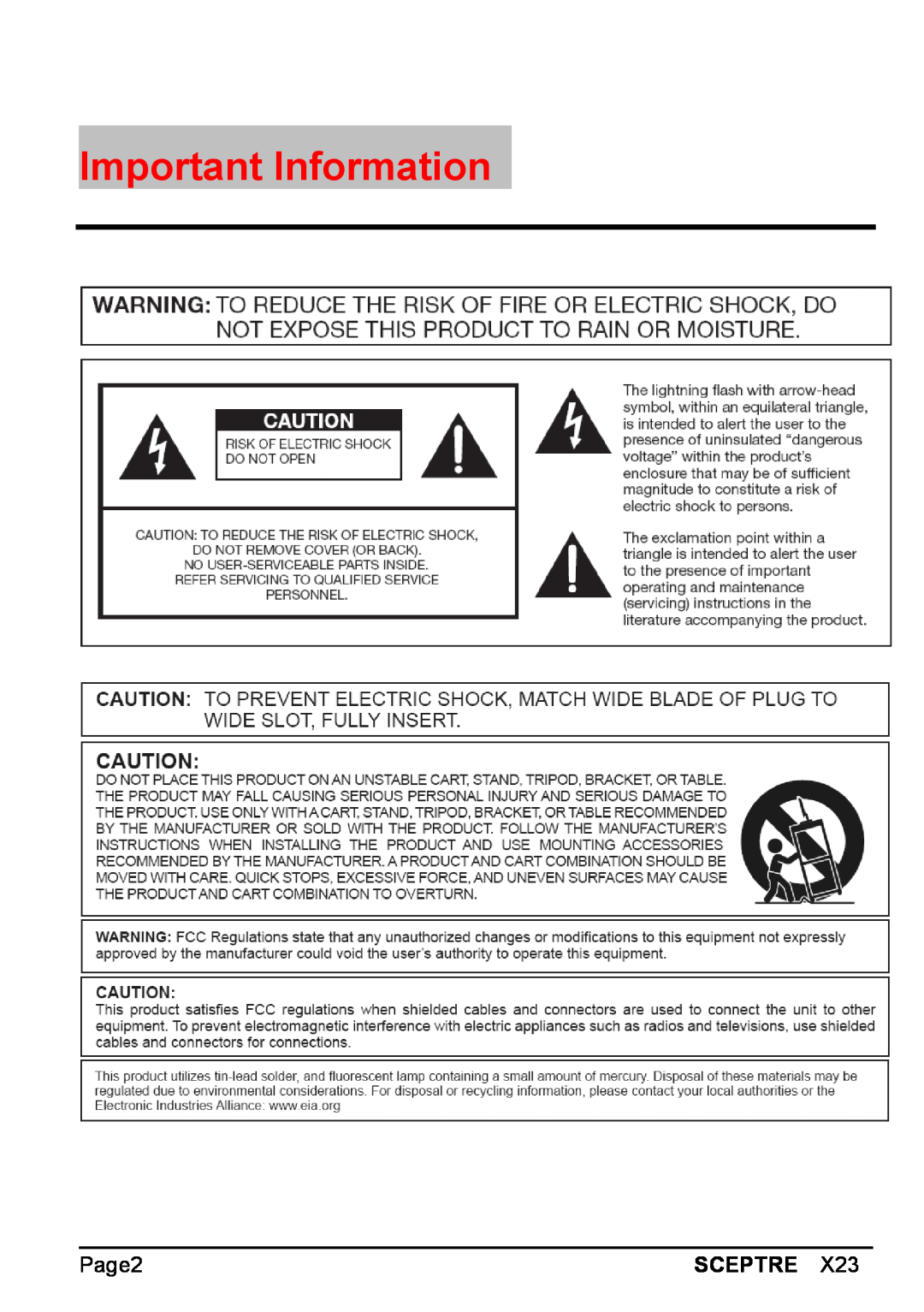 Sceptre Technologies X23 warranty Important Information, Page2, Sceptre 