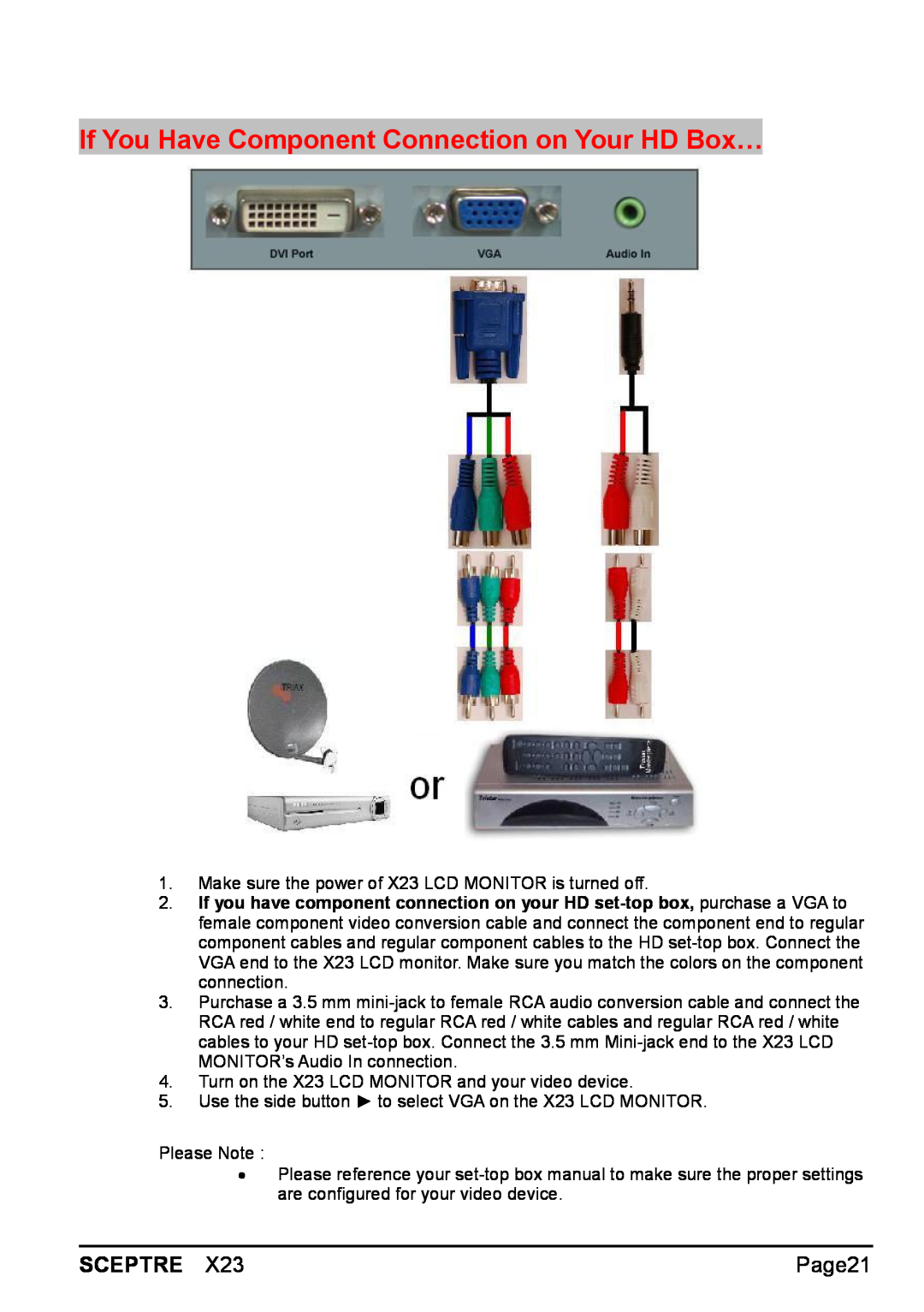 Sceptre Technologies X23 warranty If You Have Component Connection on Your HD Box…, Sceptre, Page21 