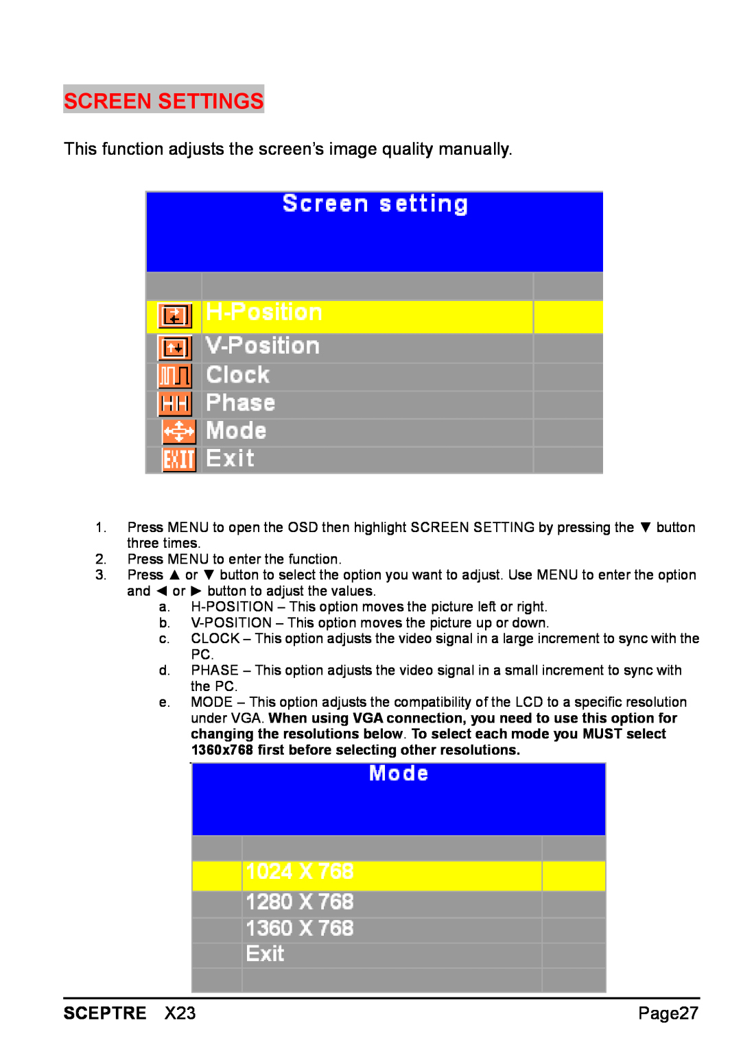 Sceptre Technologies X23 warranty Screen Settings 