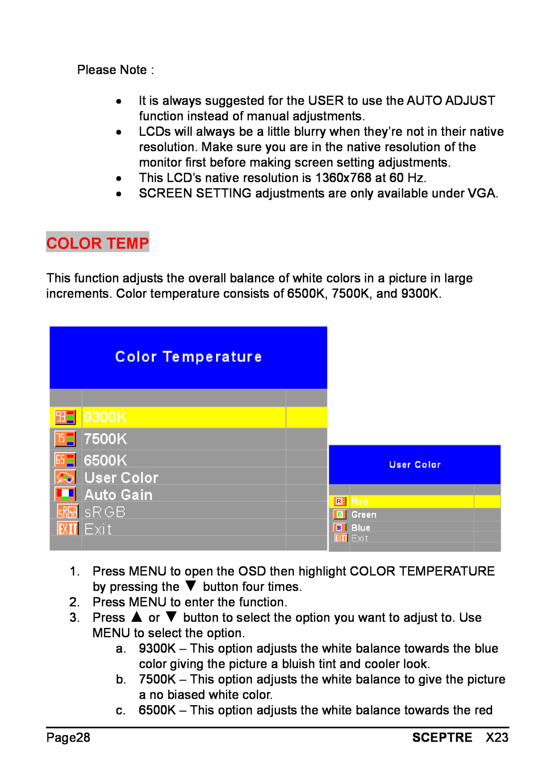 Sceptre Technologies X23 warranty Color Temp 