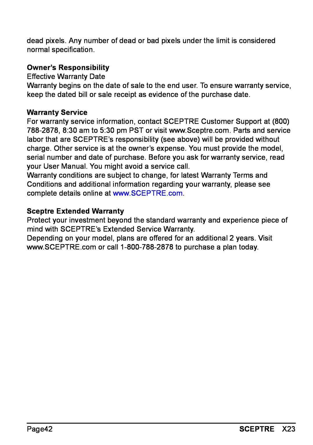 Sceptre Technologies X23 Owner’s Responsibility Effective Warranty Date, Warranty Service, Sceptre Extended Warranty 