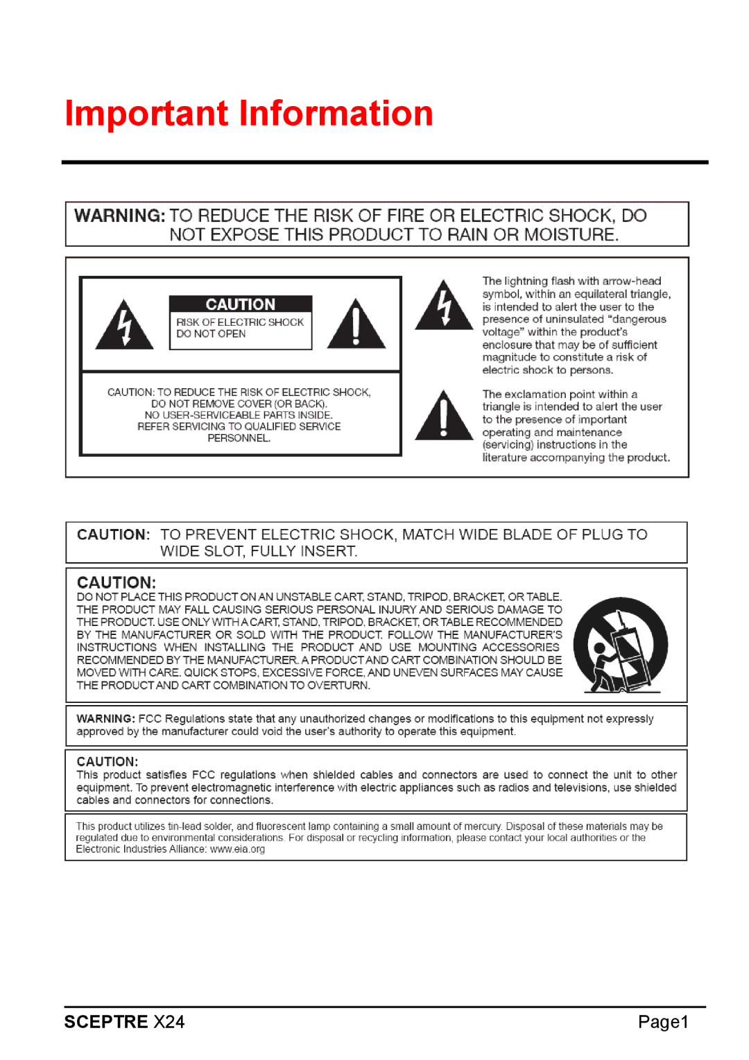 Sceptre Technologies X24 manual Important Information 