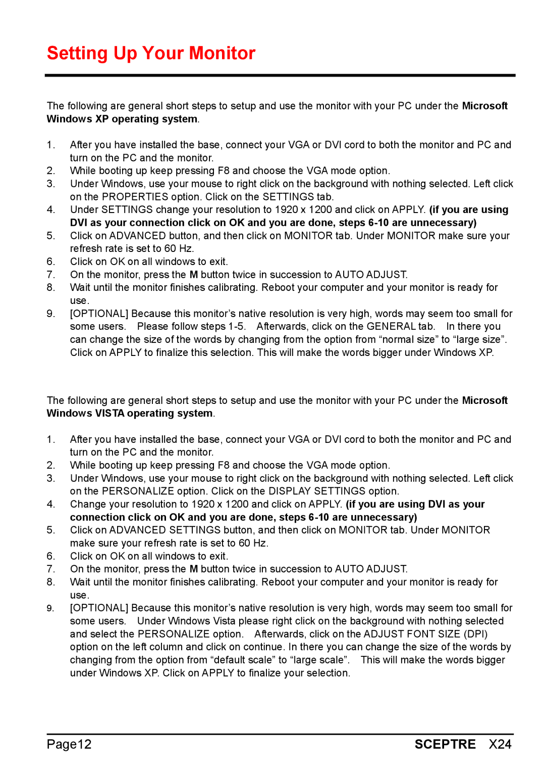 Sceptre Technologies X24 manual Setting Up Your Monitor 