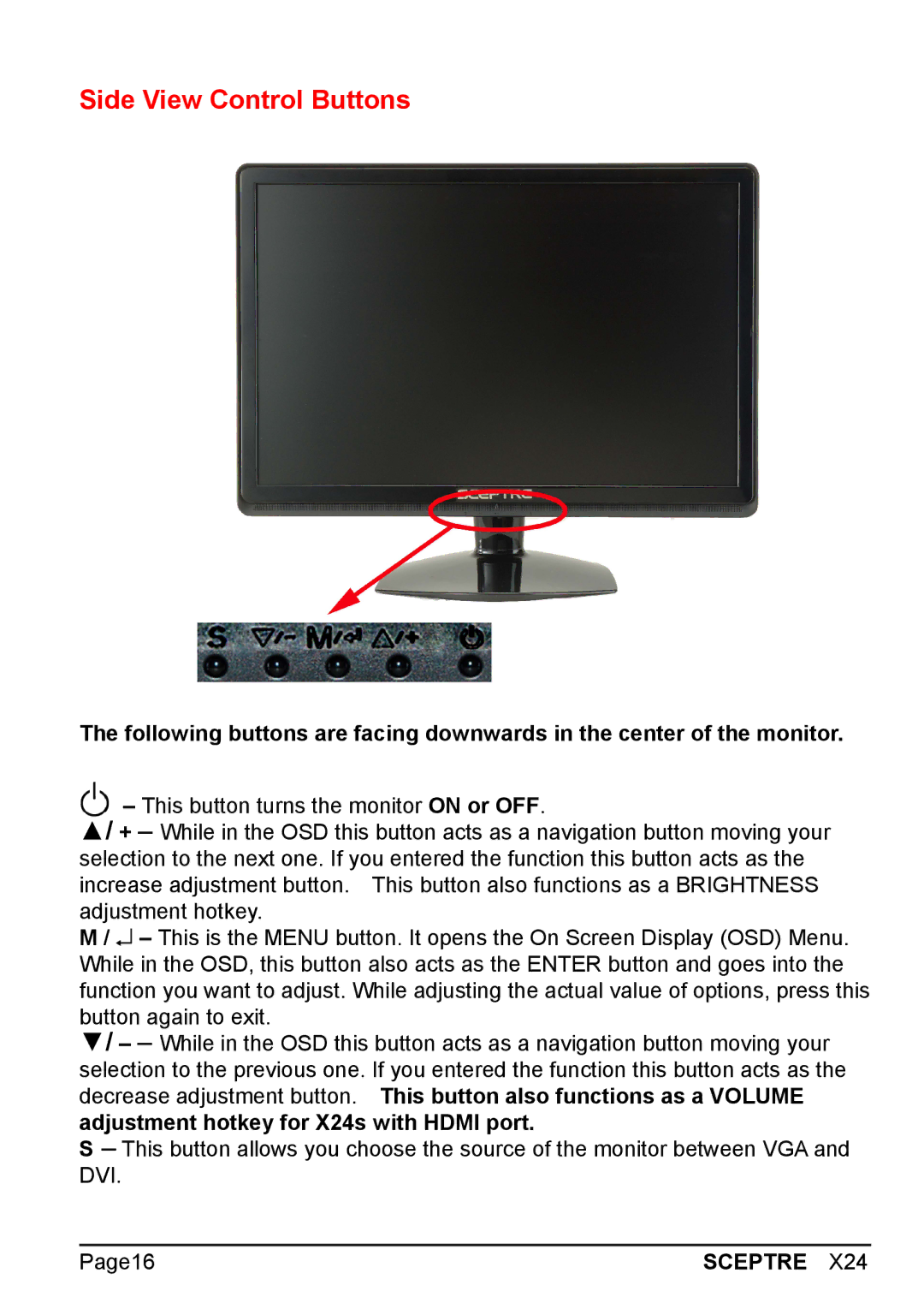 Sceptre Technologies X24 manual Side View Control Buttons 