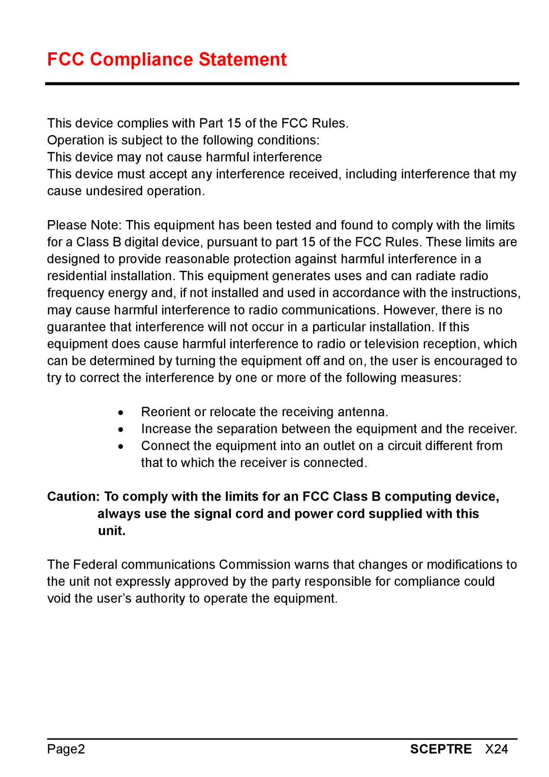 Sceptre Technologies X24 manual FCC Compliance Statement 