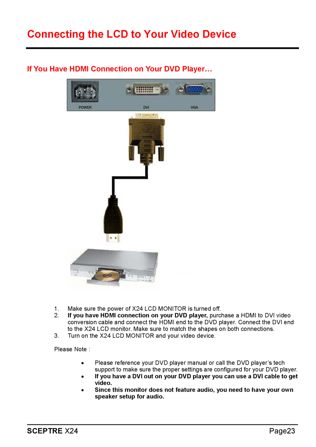 Sceptre Technologies X24 manual Connecting the LCD to Your Video Device, If You Have Hdmi Connection on Your DVD Player… 