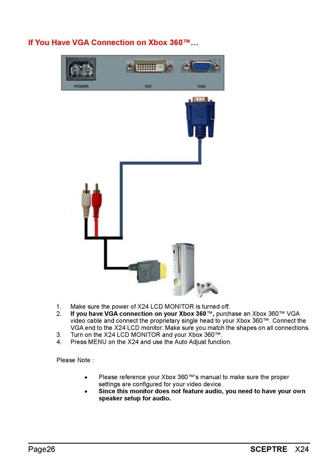 Sceptre Technologies X24 manual If You Have VGA Connection on Xbox 360… 