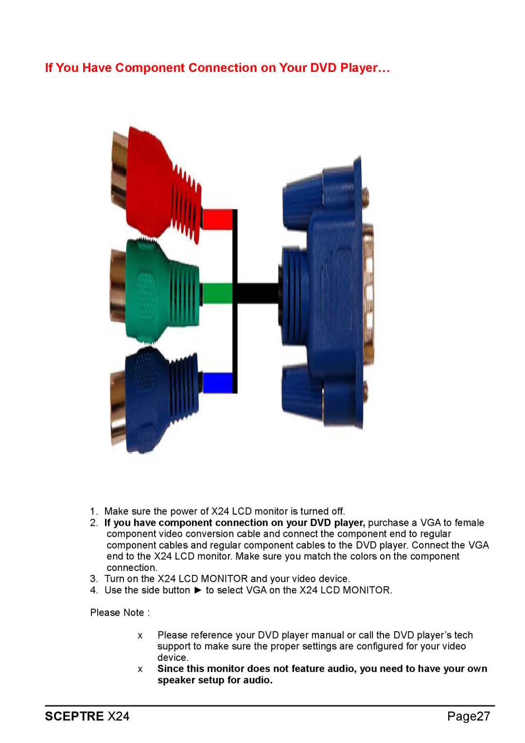 Sceptre Technologies X24 manual If You Have Component Connection on Your DVD Player… 