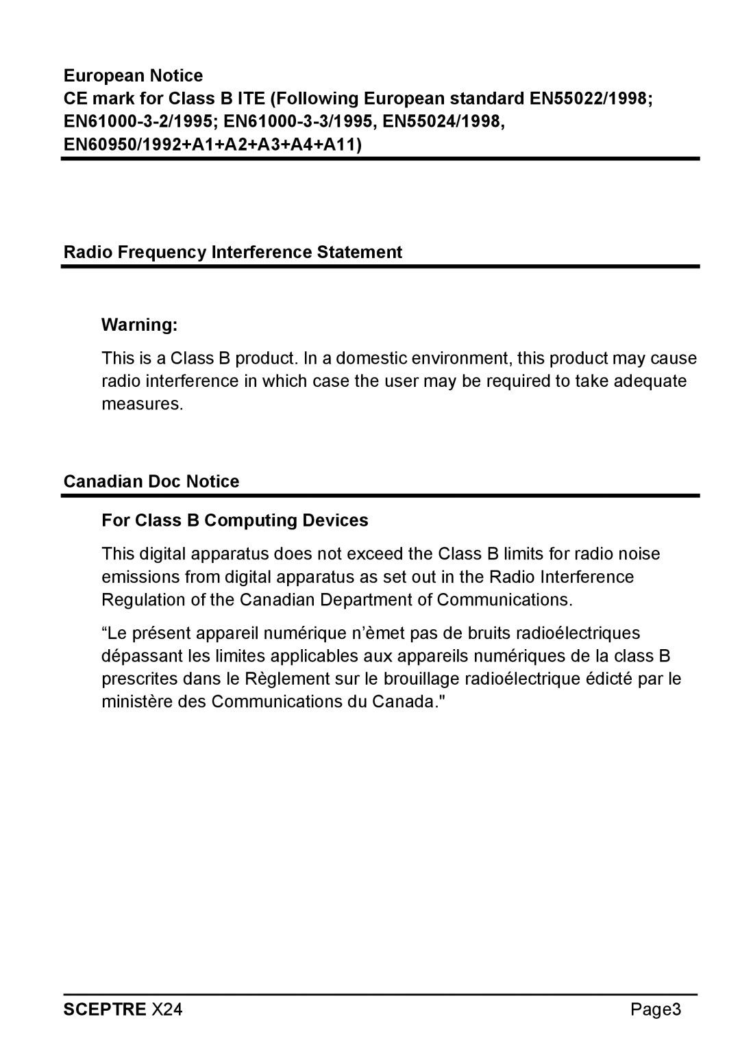 Sceptre Technologies X24 manual Canadian Doc Notice For Class B Computing Devices 