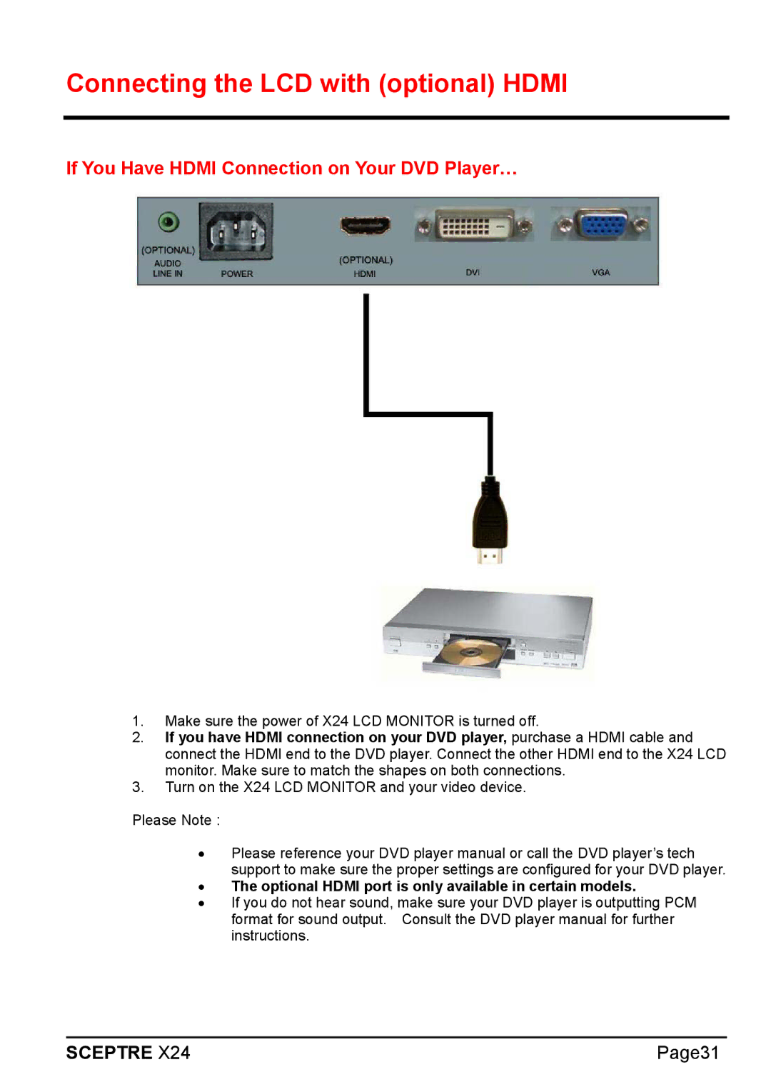 Sceptre Technologies X24 Connecting the LCD with optional Hdmi, Optional Hdmi port is only available in certain models 