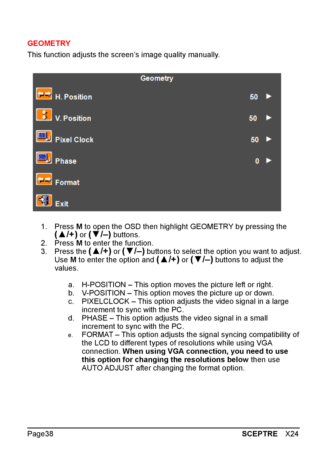 Sceptre Technologies X24 manual Geometry 