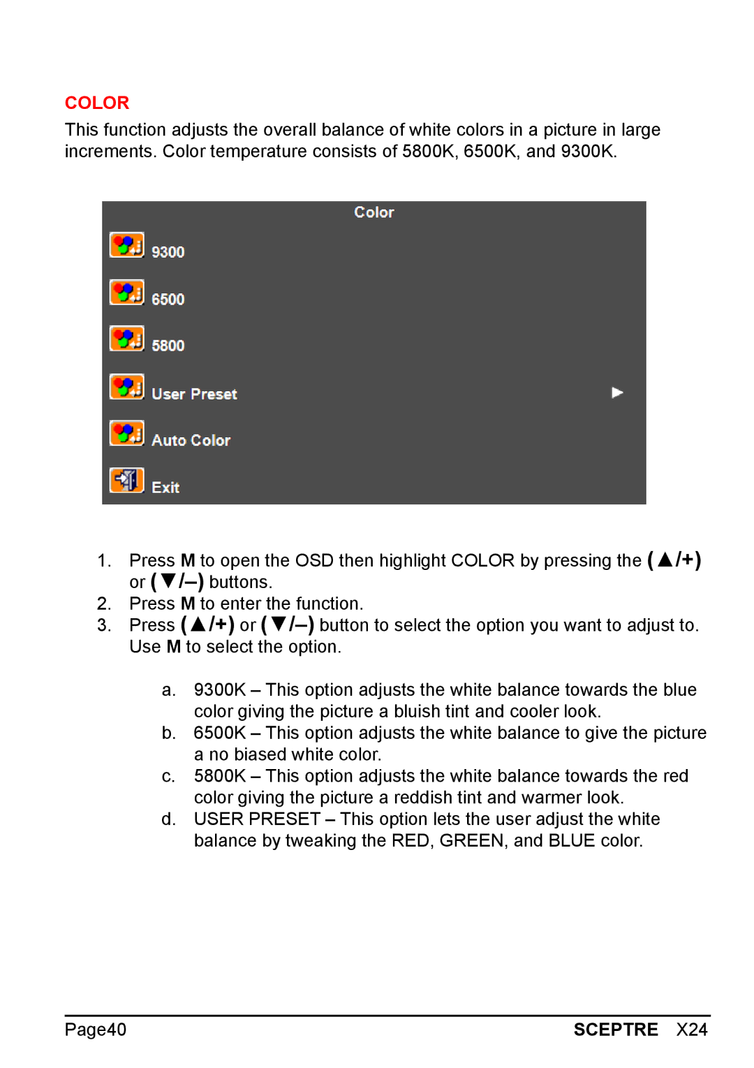 Sceptre Technologies X24 manual Color 