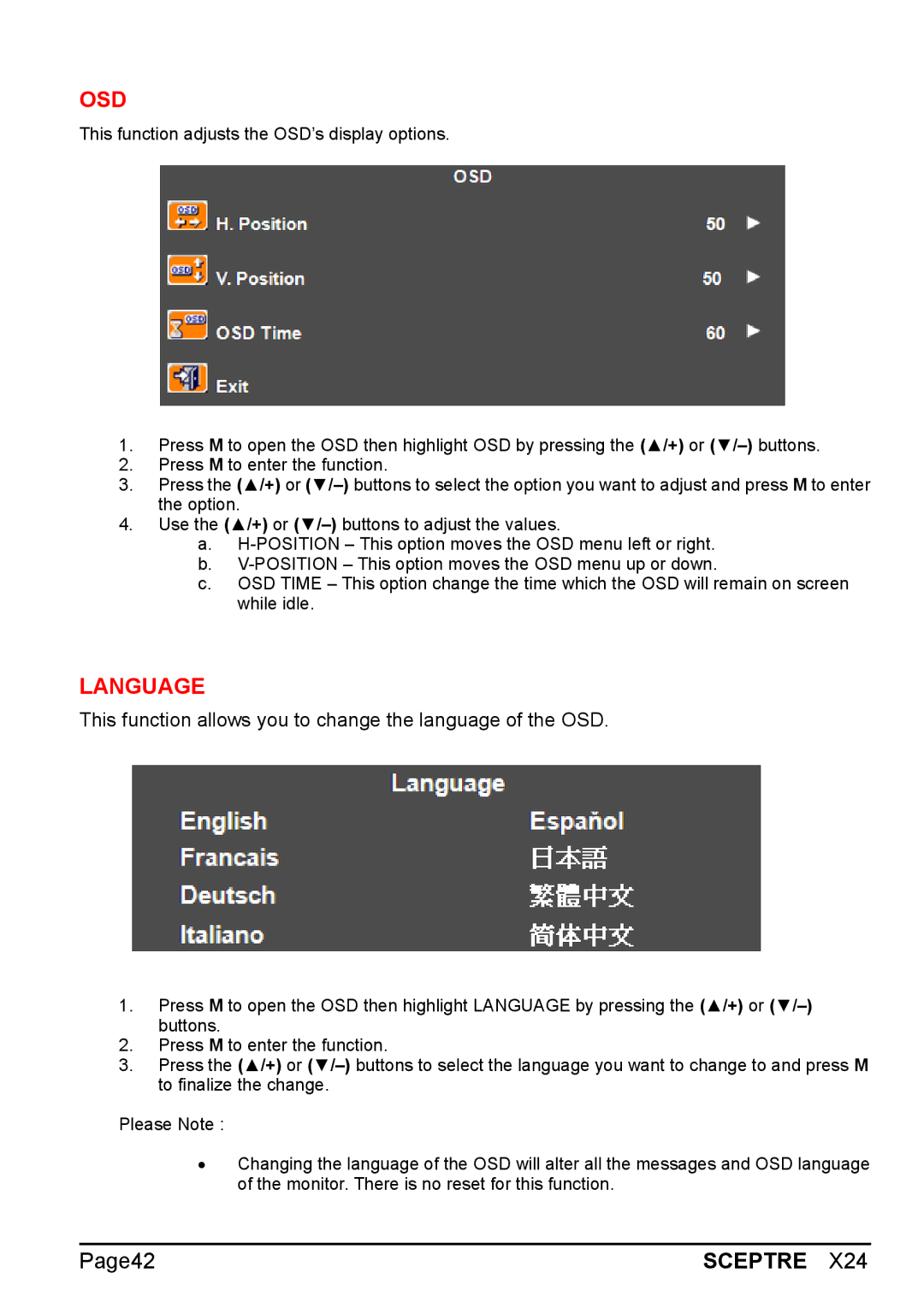 Sceptre Technologies X24 manual Osd, Language 