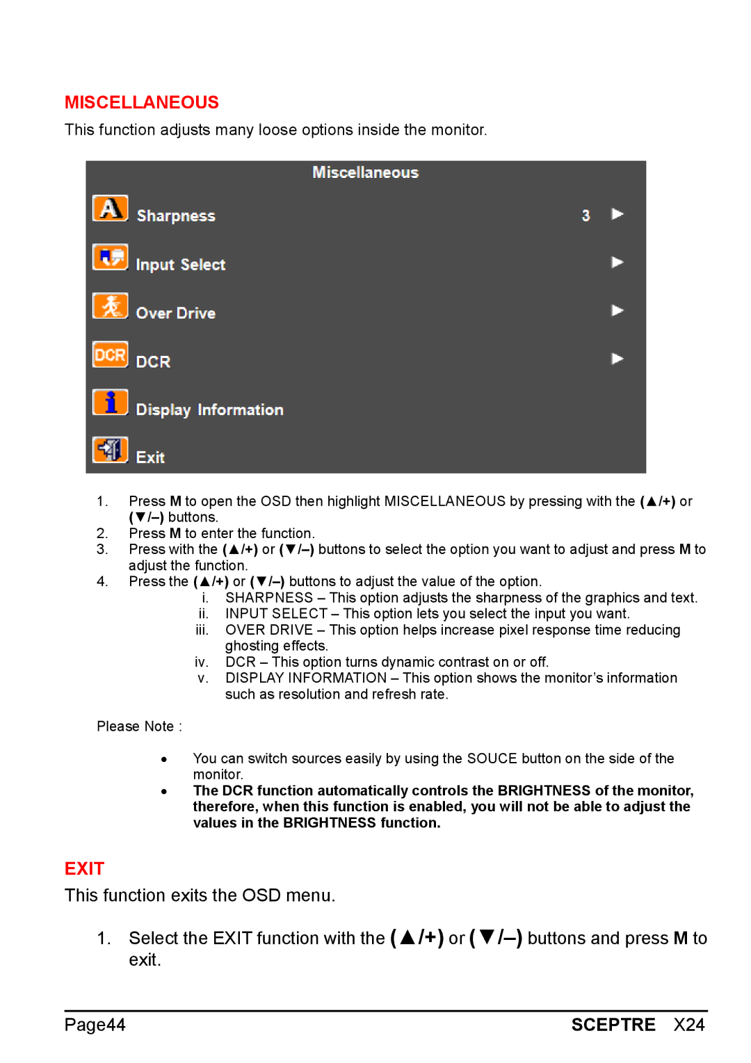 Sceptre Technologies X24 manual Miscellaneous, Exit 