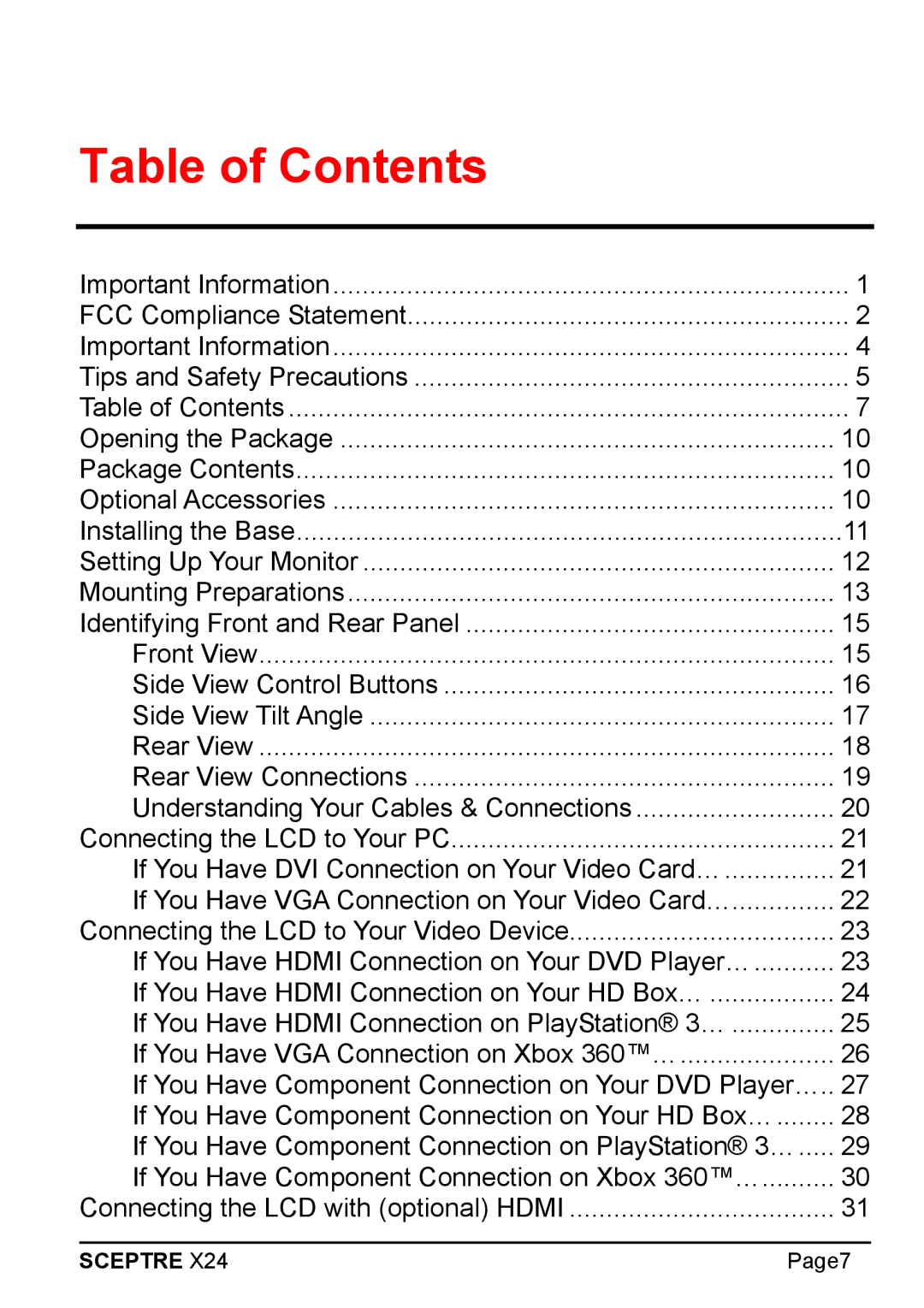 Sceptre Technologies X24 manual Table of Contents 