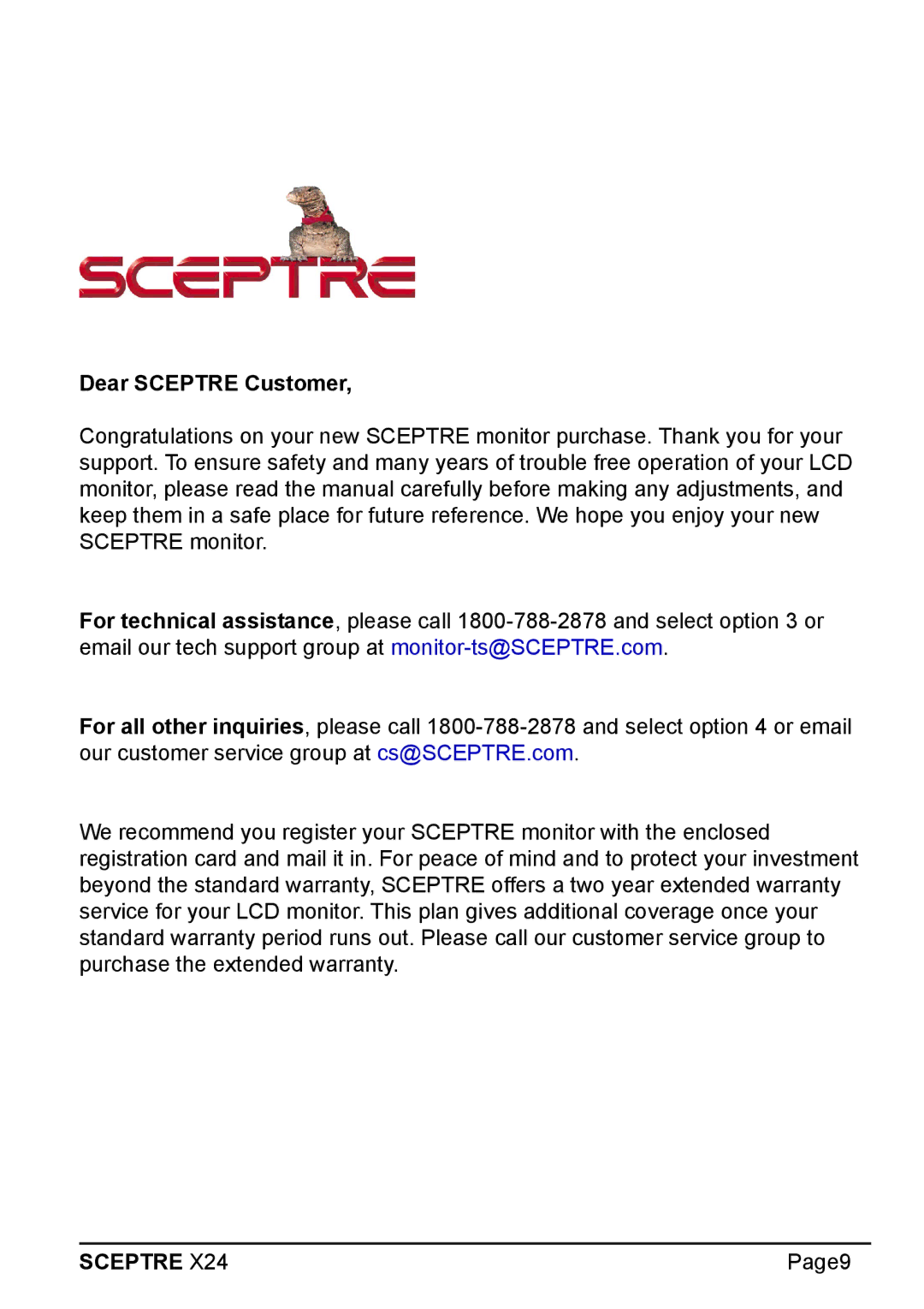 Sceptre Technologies X24 manual Dear Sceptre Customer 