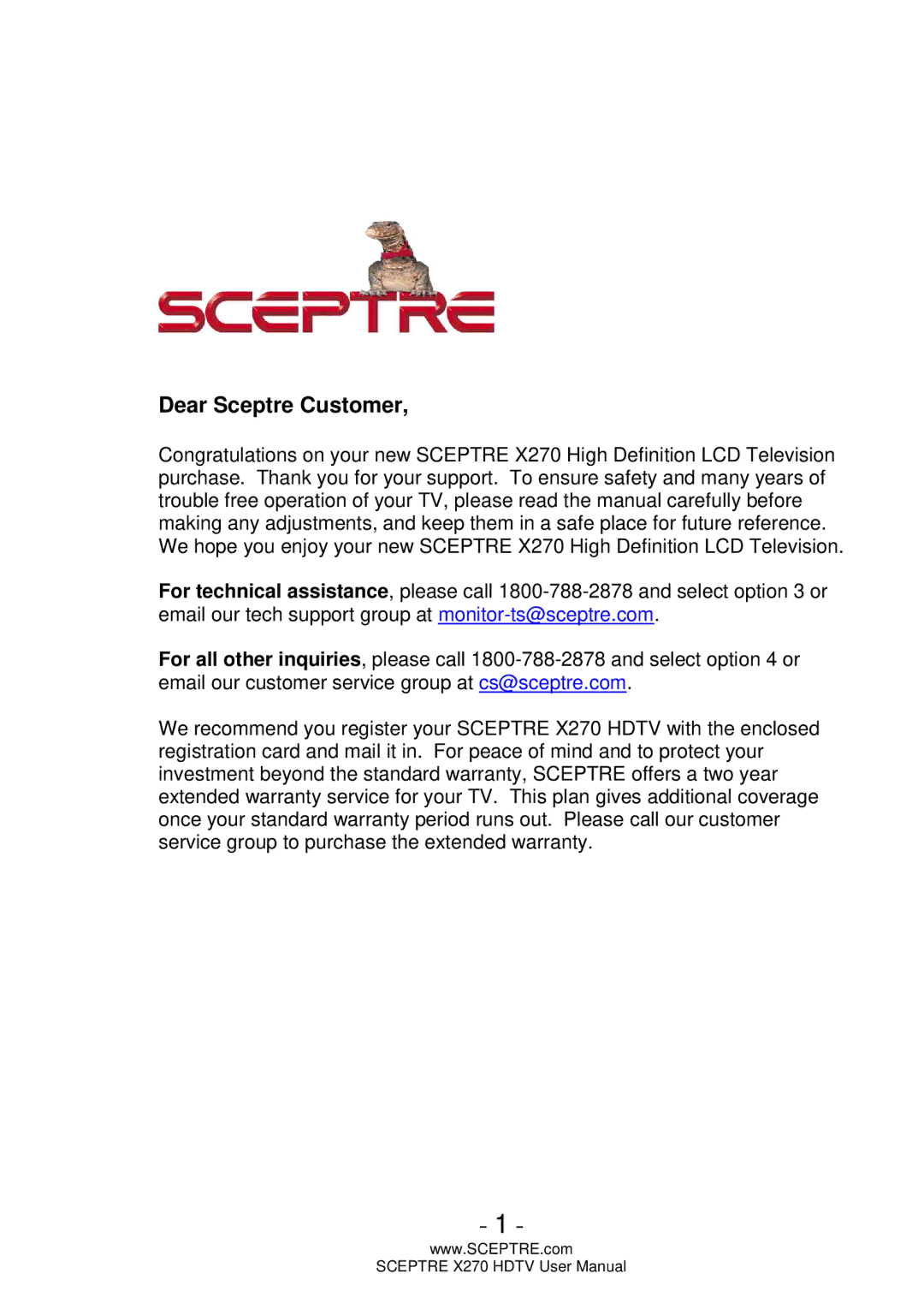 Sceptre Technologies X270 user manual Dear Sceptre Customer 