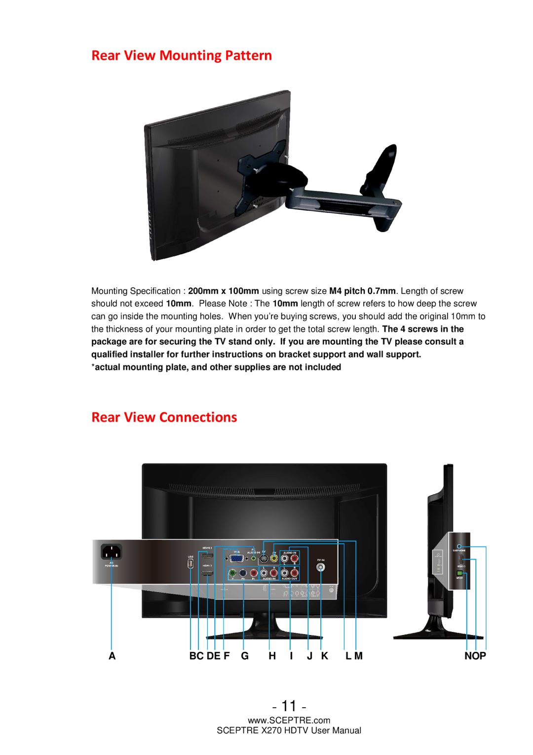 Sceptre Technologies X270 user manual Rear View Mounting Pattern, Rear View Connections 