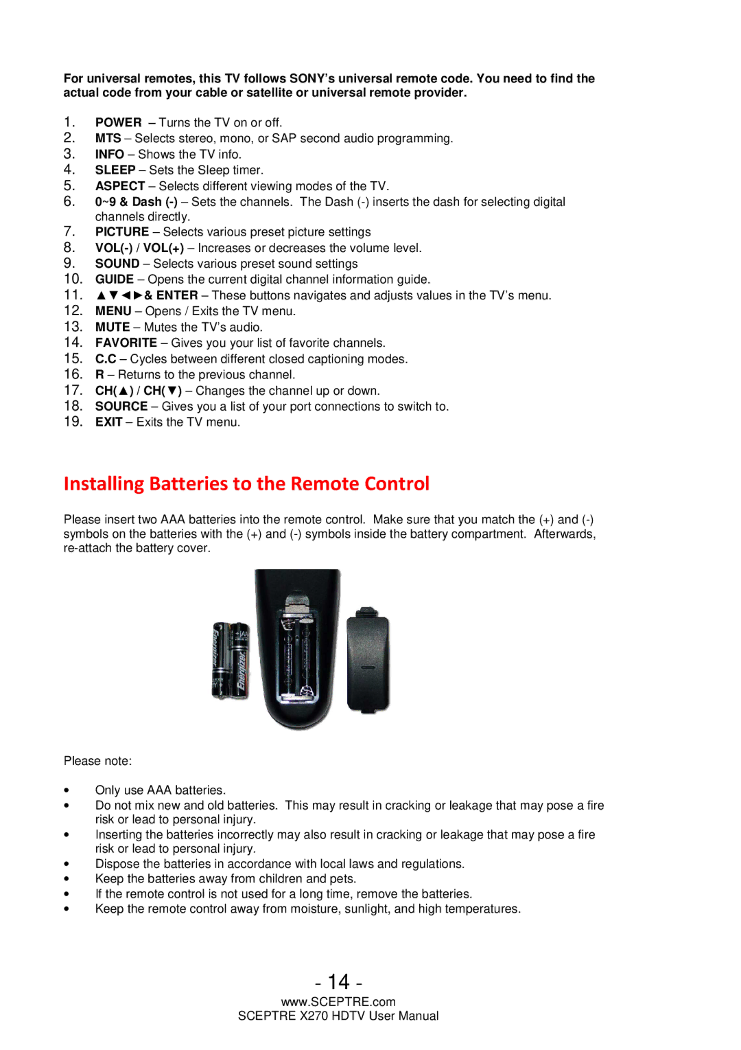 Sceptre Technologies X270 user manual Installing Batteries to the Remote Control 