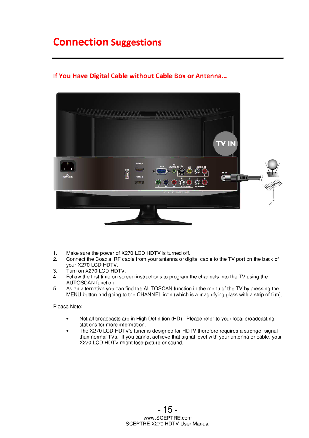 Sceptre Technologies X270 user manual Connection Suggestions, If You Have Digital Cable without Cable Box or Antenna… 