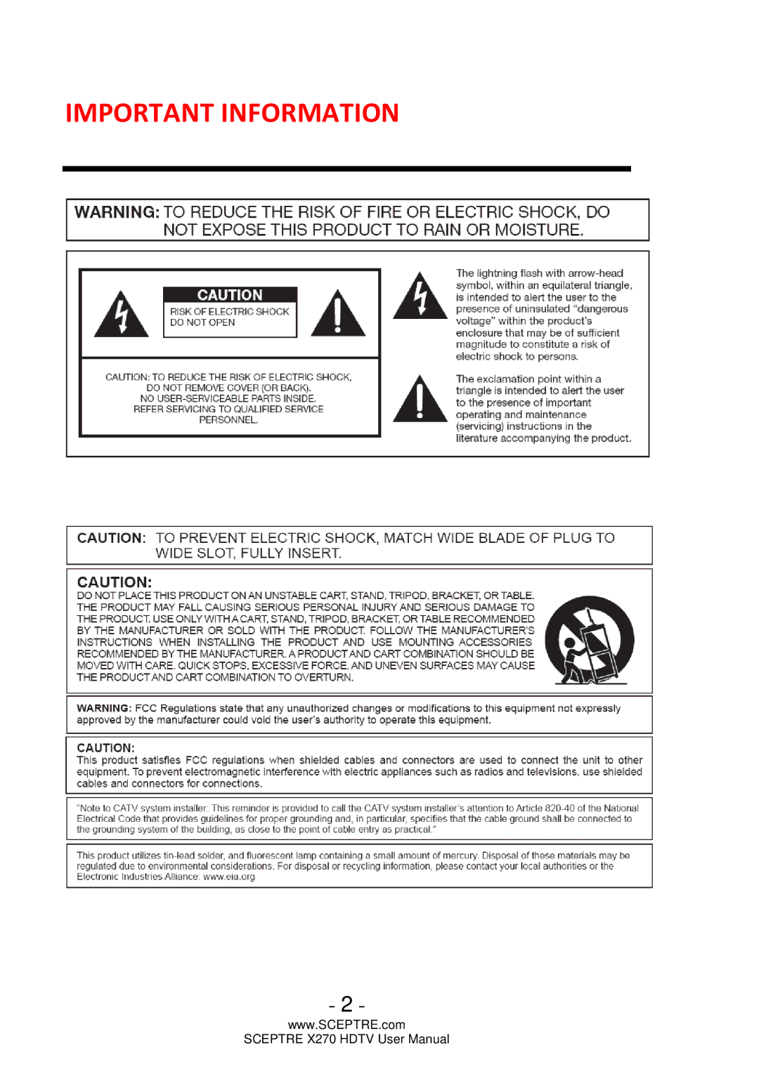 Sceptre Technologies X270 user manual Important Information 