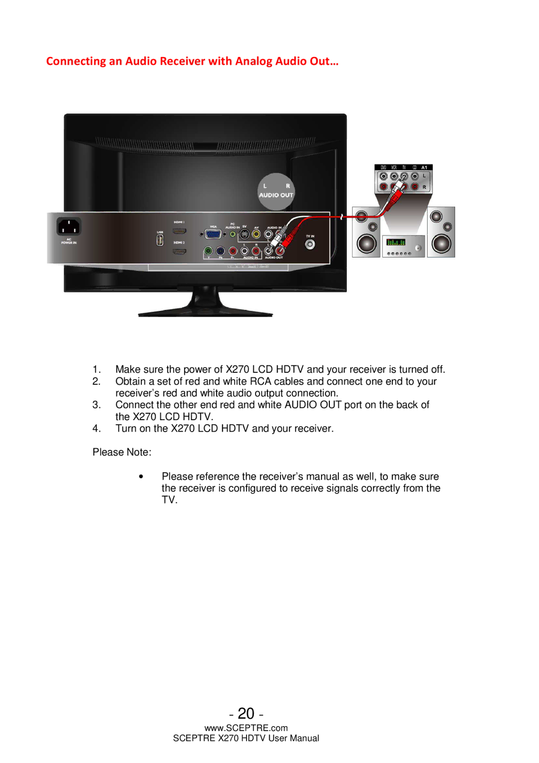 Sceptre Technologies X270 user manual Connecting an Audio Receiver with Analog Audio Out… 