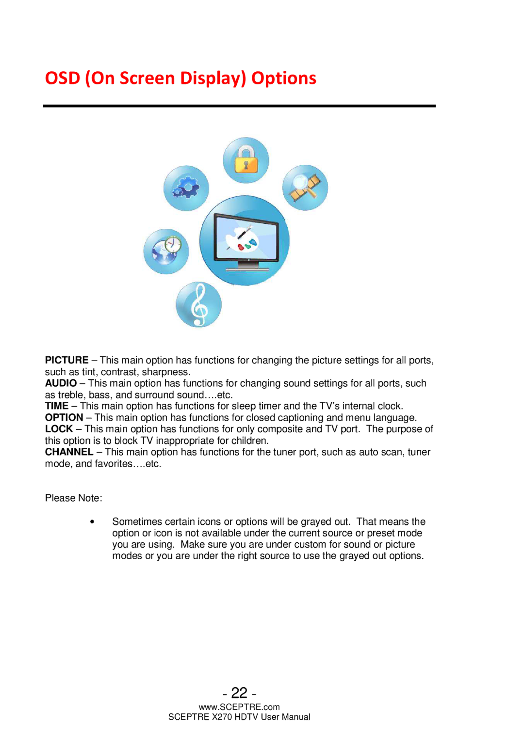 Sceptre Technologies X270 user manual OSD On Screen Display Options 