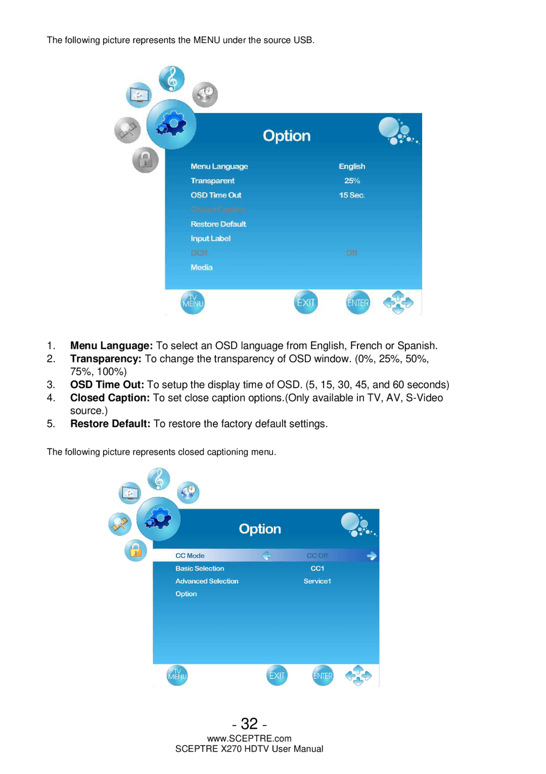 Sceptre Technologies X270 user manual Following picture represents the Menu under the source USB 