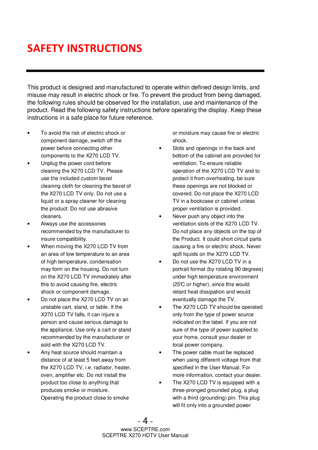 Sceptre Technologies X270 user manual Safety Instructions 