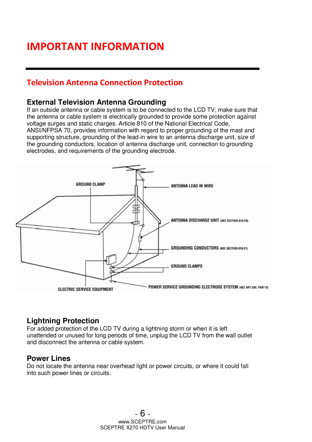 Sceptre Technologies X270 user manual Television Antenna Connection Protection, External Television Antenna Grounding 