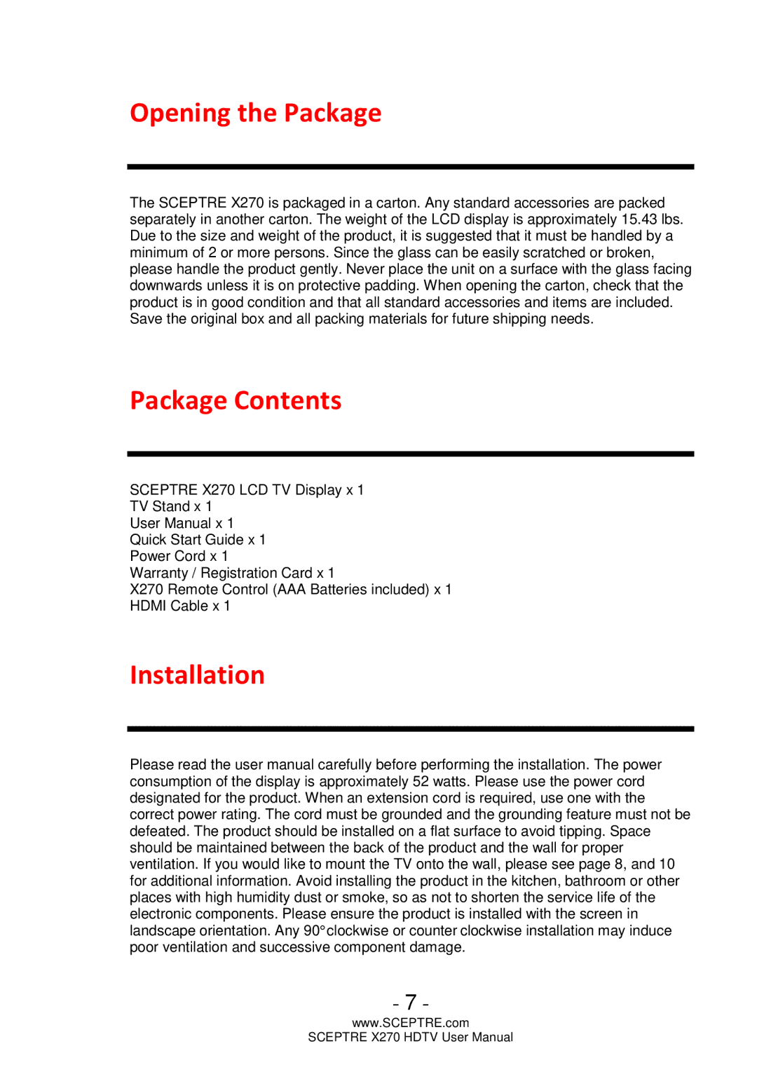 Sceptre Technologies X270 user manual Opening the Package, Package Contents, Installation 