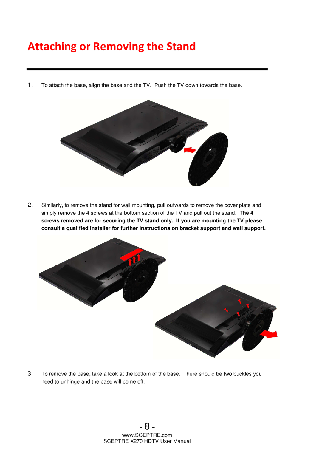 Sceptre Technologies X270 user manual Attaching or Removing the Stand 