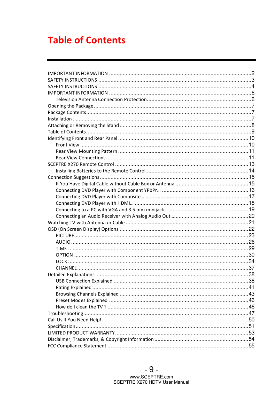 Sceptre Technologies X270 user manual Table of Contents 