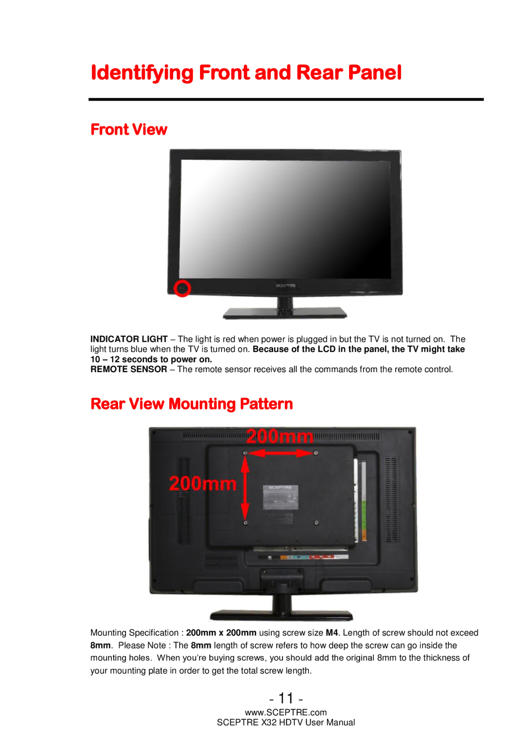 Sceptre Technologies x32 user manual Identifying Front and Rear Panel, Front View, Rear View Mounting Pattern 