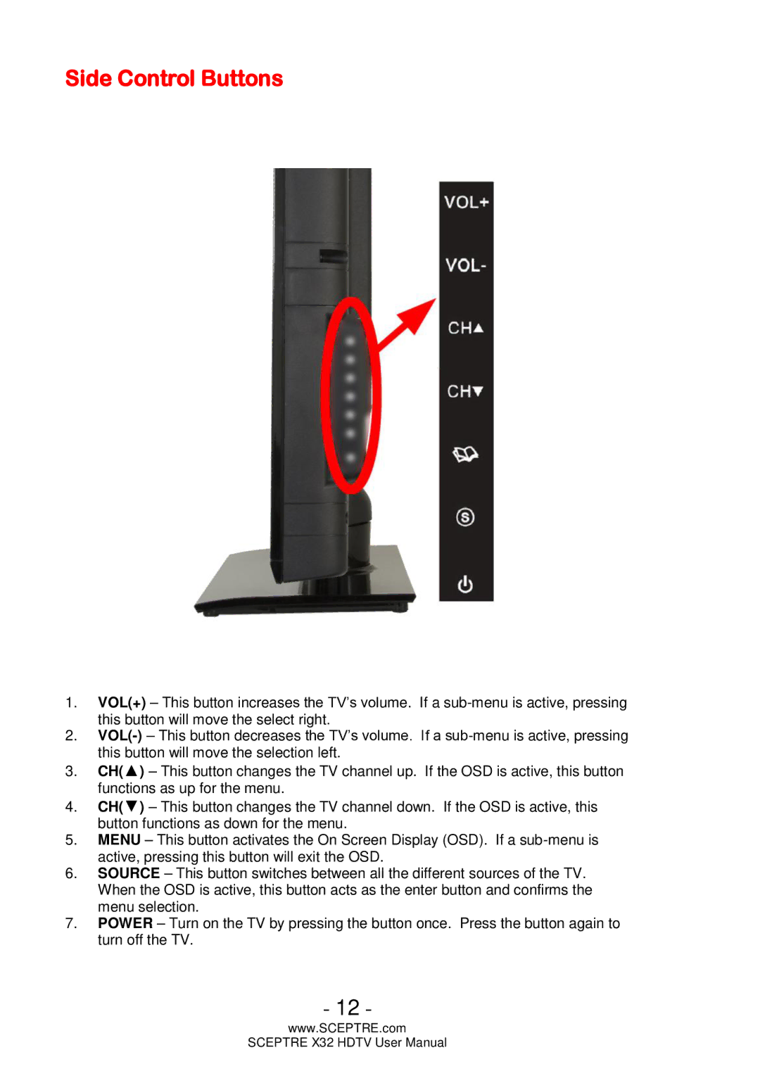 Sceptre Technologies x32 user manual Side Control Buttons 