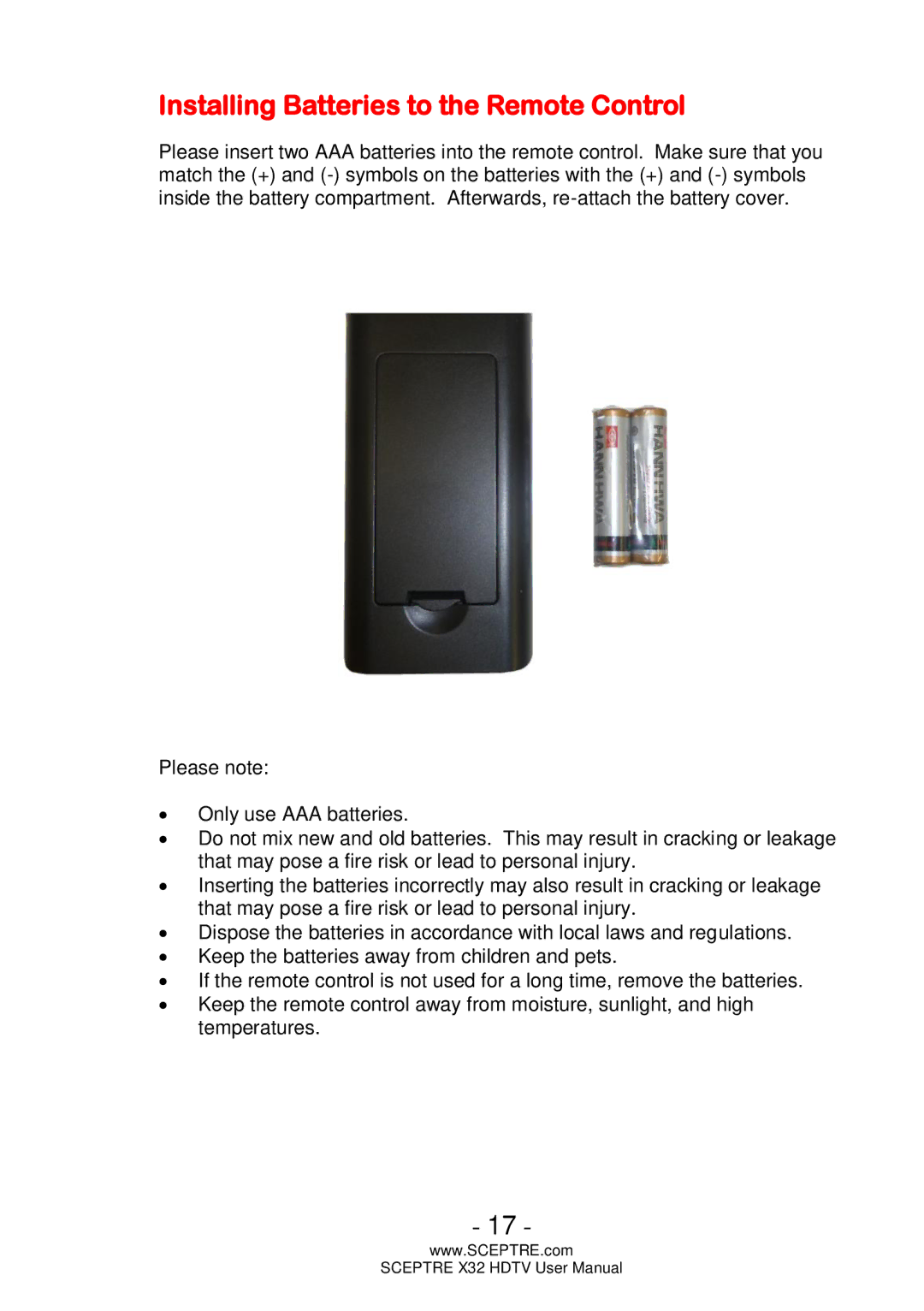 Sceptre Technologies x32 user manual Installing Batteries to the Remote Control 