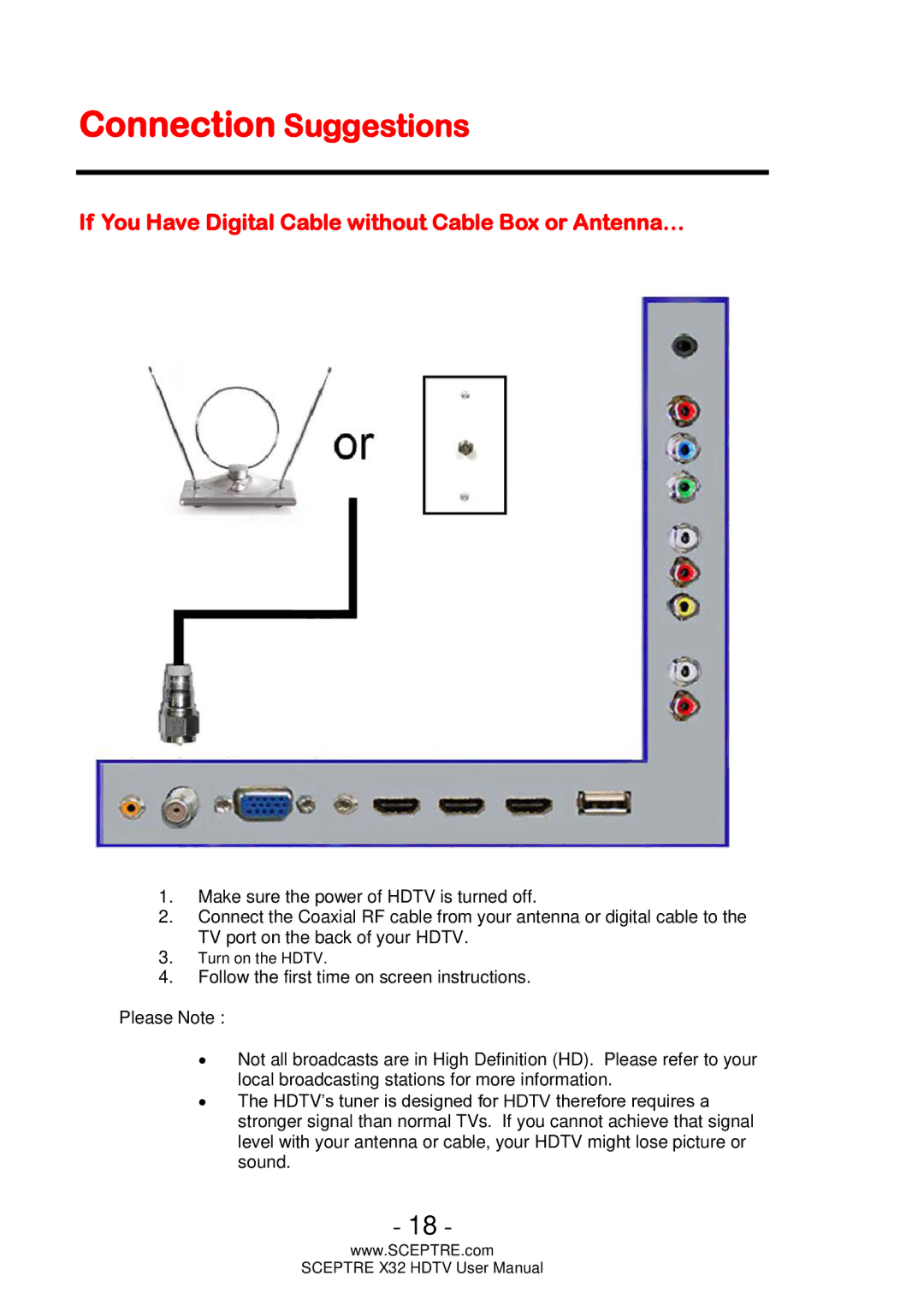 Sceptre Technologies x32 user manual Connection Suggestions, If You Have Digital Cable without Cable Box or Antenna… 