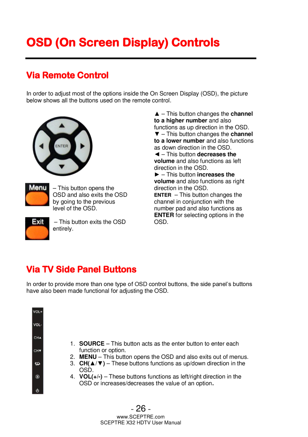 Sceptre Technologies x32 user manual OSD On Screen Display Controls, Via Remote Control, Via TV Side Panel Buttons 