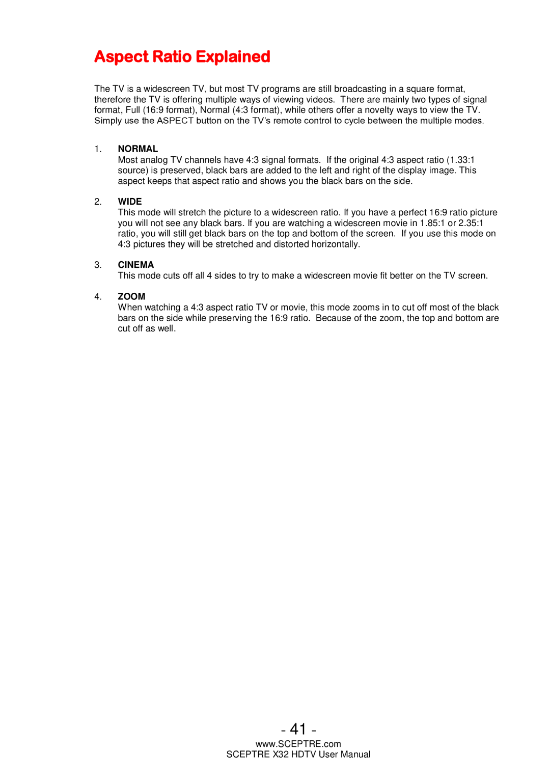 Sceptre Technologies x32 user manual Aspect Ratio Explained, Normal 