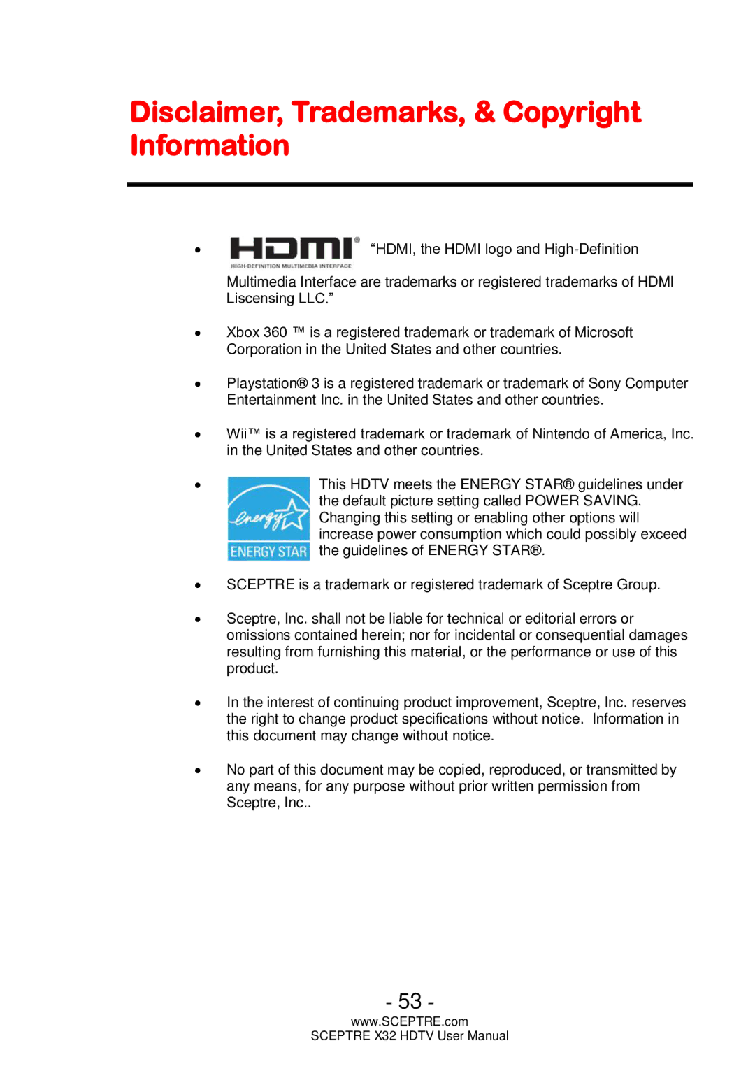 Sceptre Technologies x32 user manual Disclaimer, Trademarks, & Copyright Information 